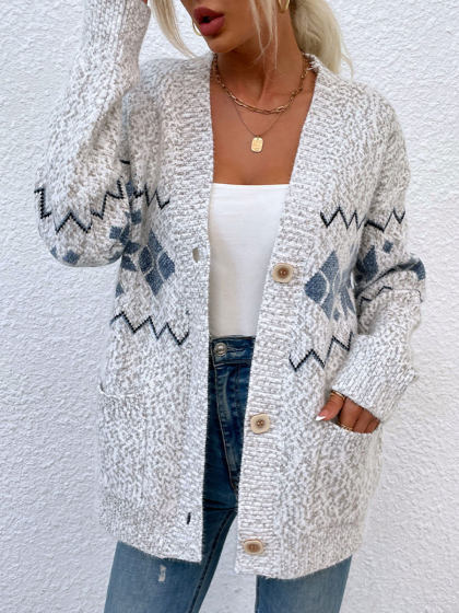 Geometric Jacquard Loose Casual Woolen Cardigan