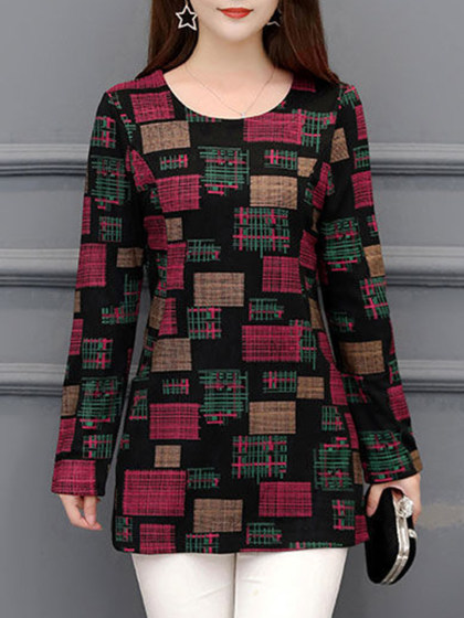 Round Neck Imitation Cotton Linen Plaid Long-Sleeved T-shirt