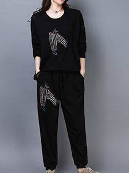 Round Neck Long Sleeve Solid Color Printed Casual Suit