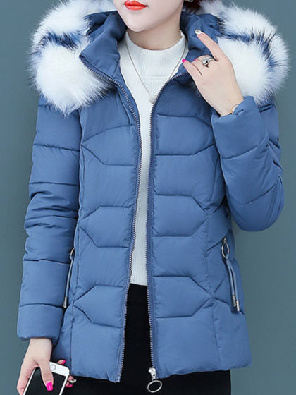 Hooded Fur Collar Solid Color Short Coat