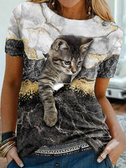 Round Neck Cat Print Loose Short Sleeve T-shirt