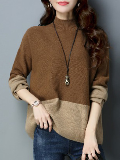 Half Turtleneck Color Block Pullover Sweater