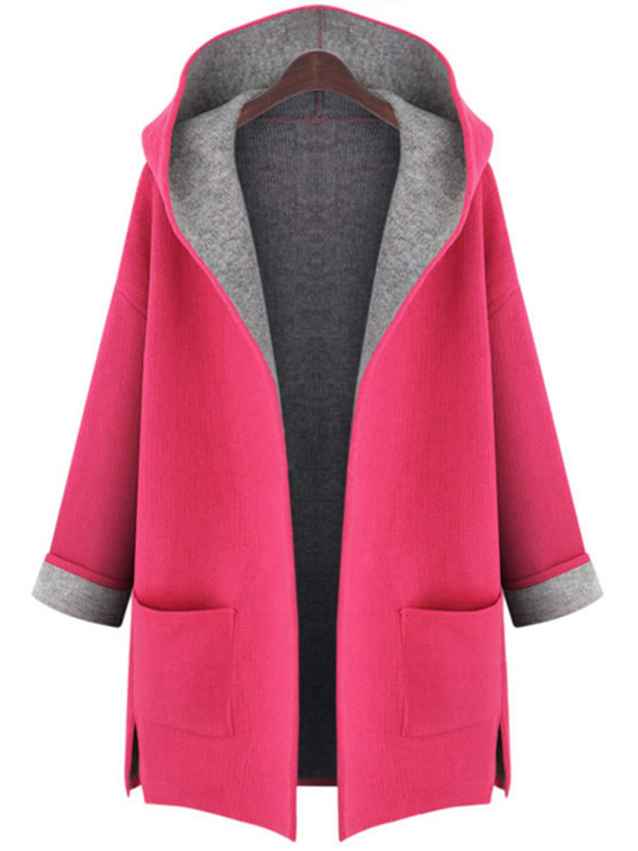 Hooded  Patch Pocket Side Slit  Color Block  Roll Up Sleeve Coats