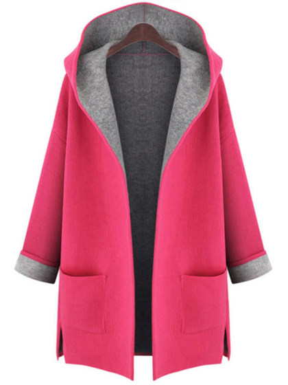Hooded  Patch Pocket Side Slit  Color Block  Roll Up Sleeve Coats