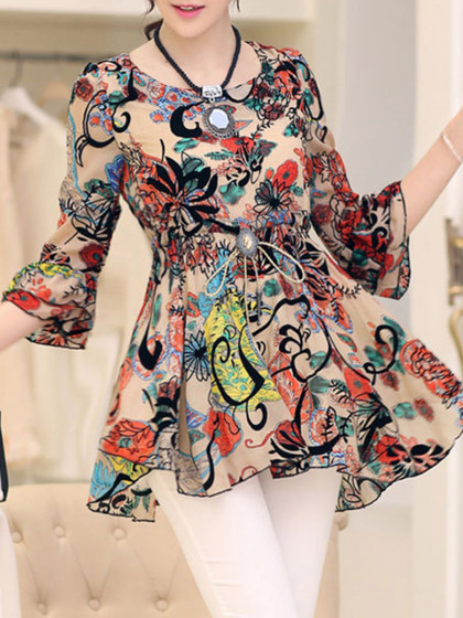 Spring Summer  Polyester  Round Neck  Printed  Bell Sleeve  Three-Quarter Sleeve Blouse