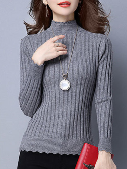 Short High Collar  Brief  Plain  Long Sleeve  Knit  Pullover