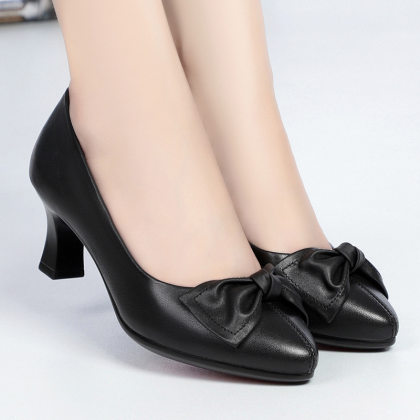 Square Toe Mid-Heel Leather Shoes With Bow