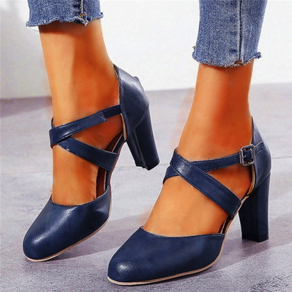 Women's plain Chunky High Heeled Round Toe Date Travel Pumps
