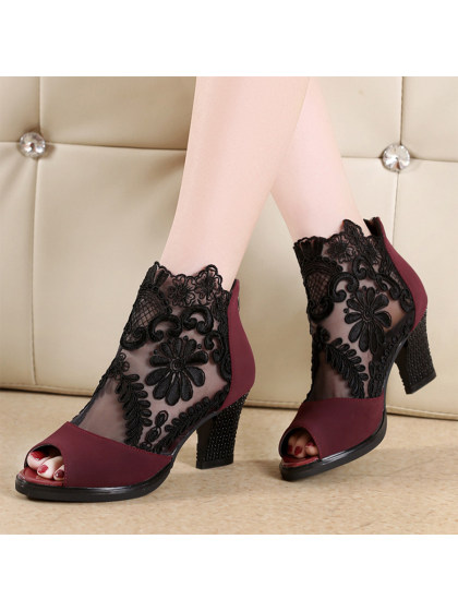 Chunky  High Heeled  Lace Velvet  Peep Toe  Date Peep-Toe Heels