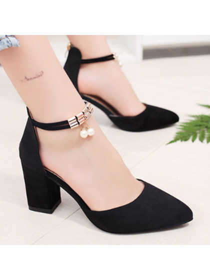 Plain  Chunky  High Heeled  Ankle Strap  Point Toe  Date Event Pumps