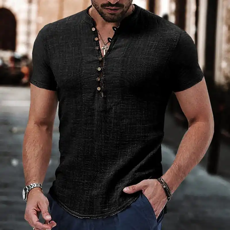 Men's Linen Shirt Boutton Henley Casual Outdoor Shirt Short Sleeve ...