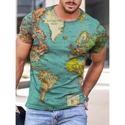 Mens Fashion Contrast Color Map Print T-shirt