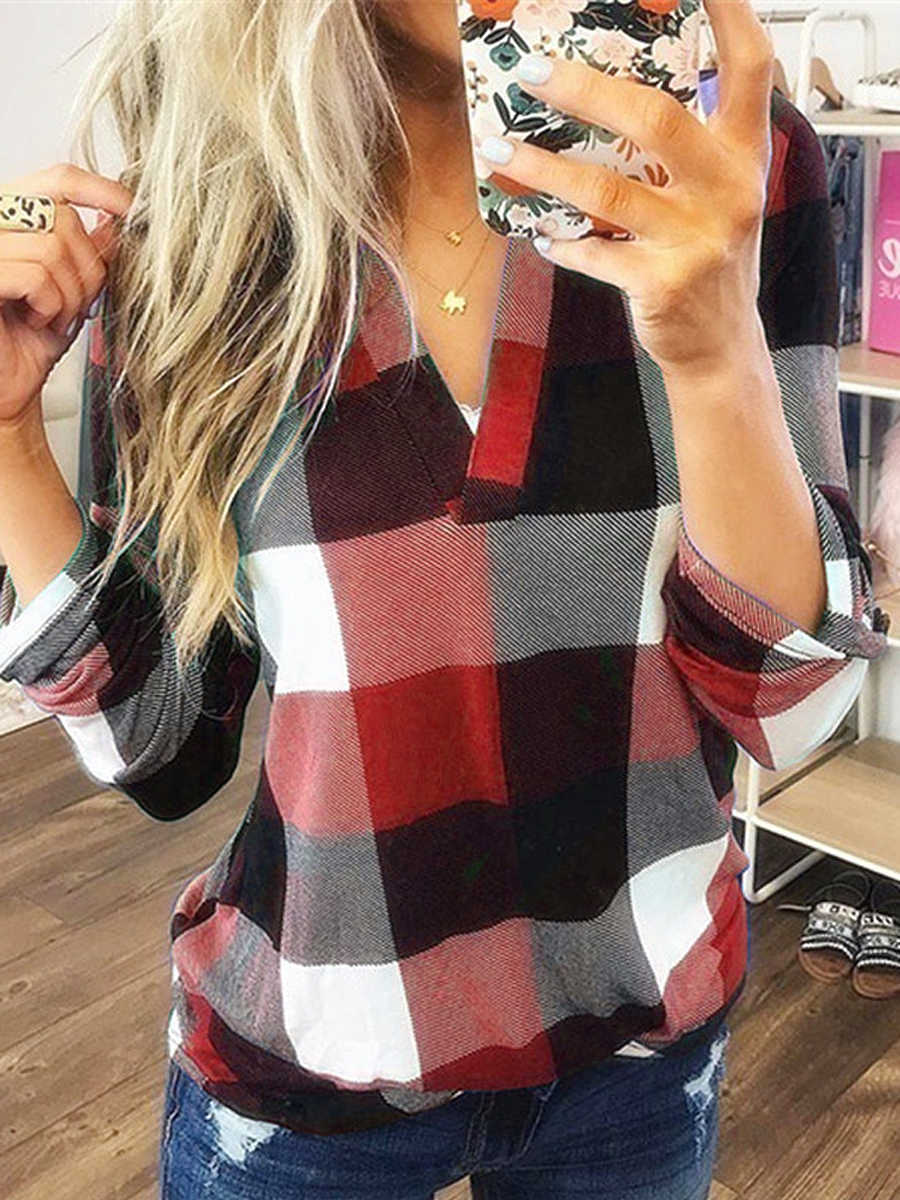 Casual Cotton Plaid V-neck Long Sleeve Top
